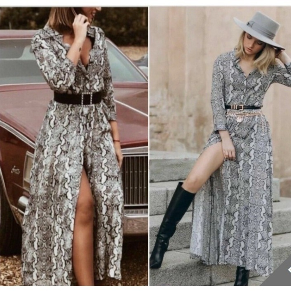 New Zara The Long Shirt Maxi Dress Snake Print Collared Belted Western Boho XS